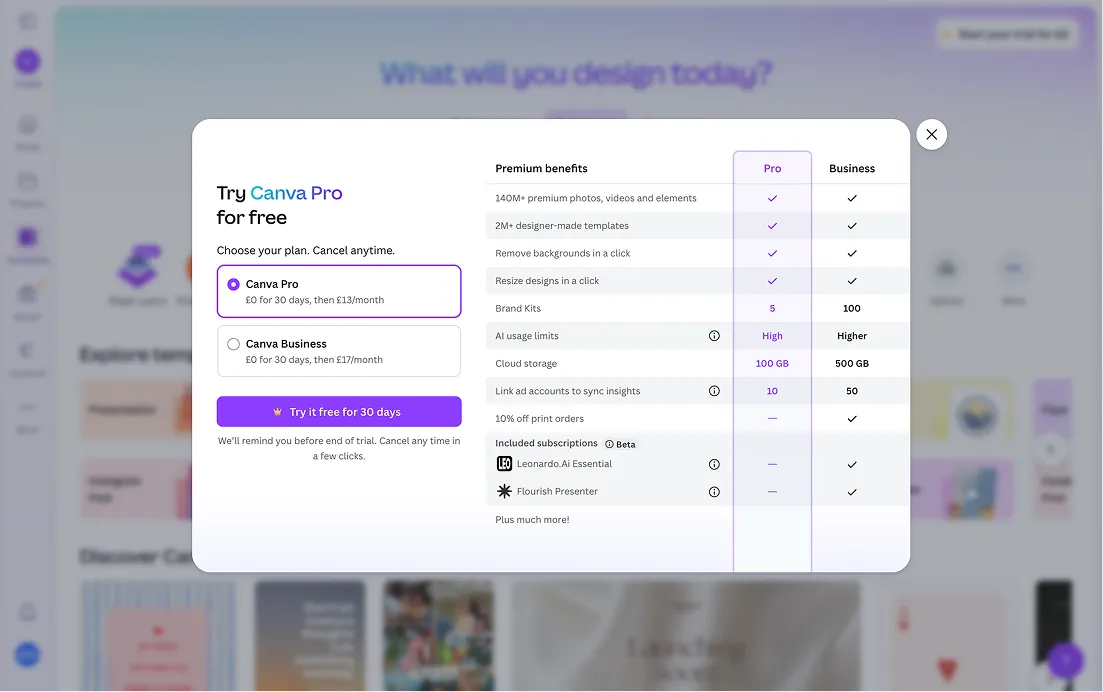 Canva Plan comparison on upgrade screenshot