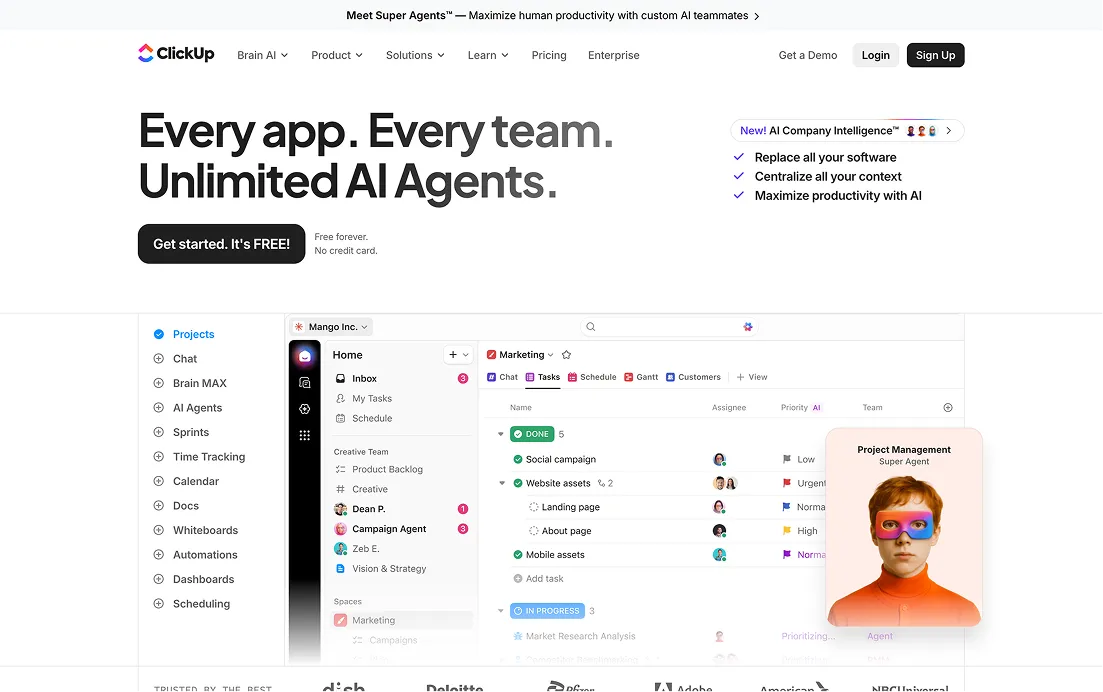 ClickUp Product screenshot in hero screenshot