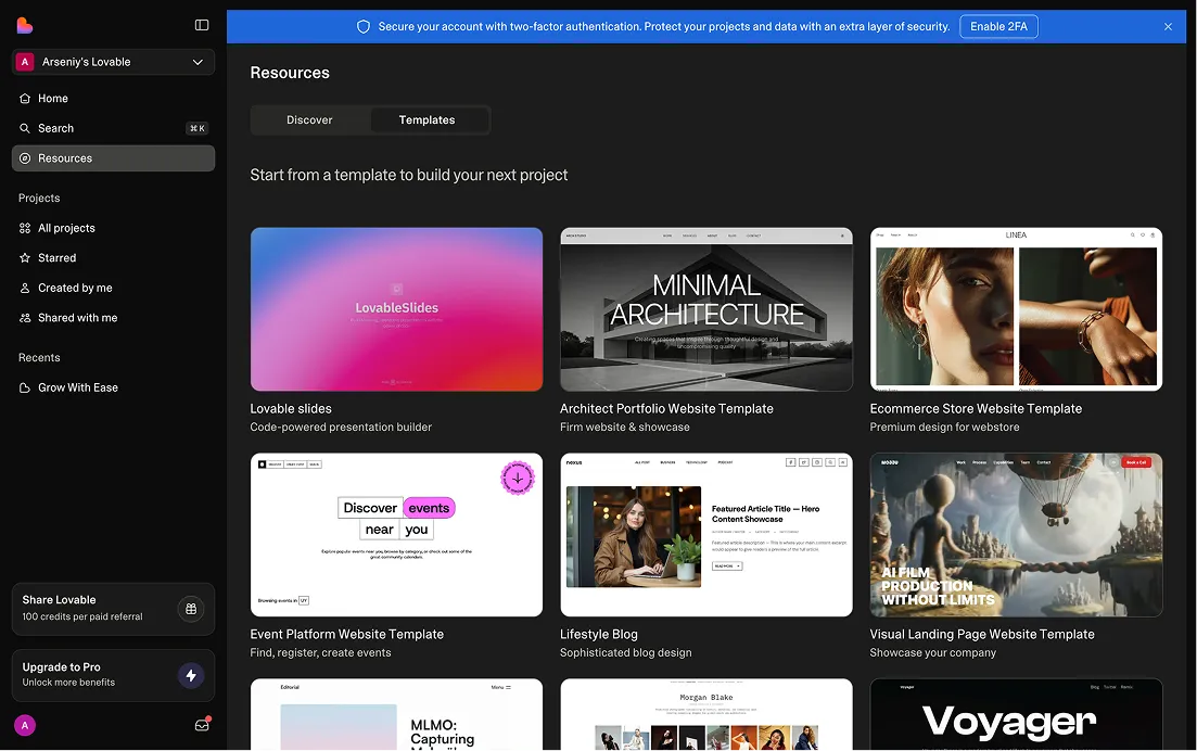 Lovable Quick win templates screenshot