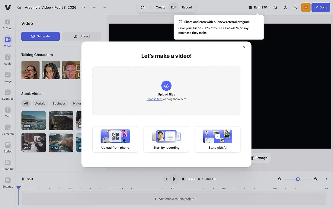 Veed Referral program screenshot